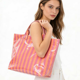 Large Striped Vinyl Tote Bags | 40P595: PINK GREEN