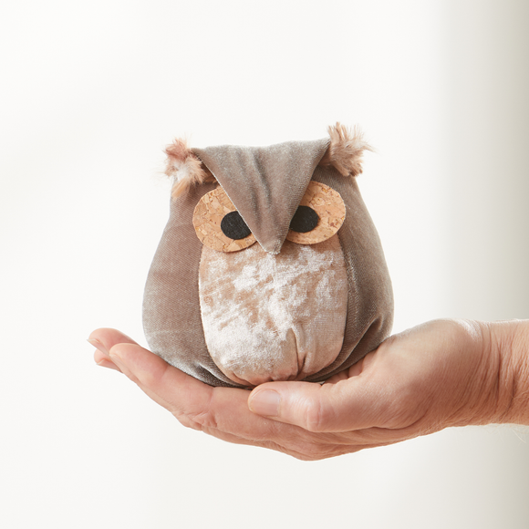 Whimsical velvet owls,  charming owl enthusiastic, unique: Taupe Owl