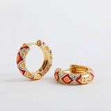 VINTAGE CLOISONNE AZTEC HUGGIE HOOP EARRINGS | 40E429: Red