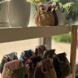 Whimsical velvet owls,  charming owl enthusiastic, unique: Taupe Owl