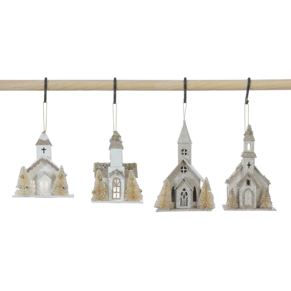 Chruch Ornament w/Faux Trees & LED Light